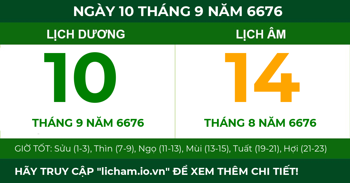 lịch âm ngày 10 tháng 9 năm 6676