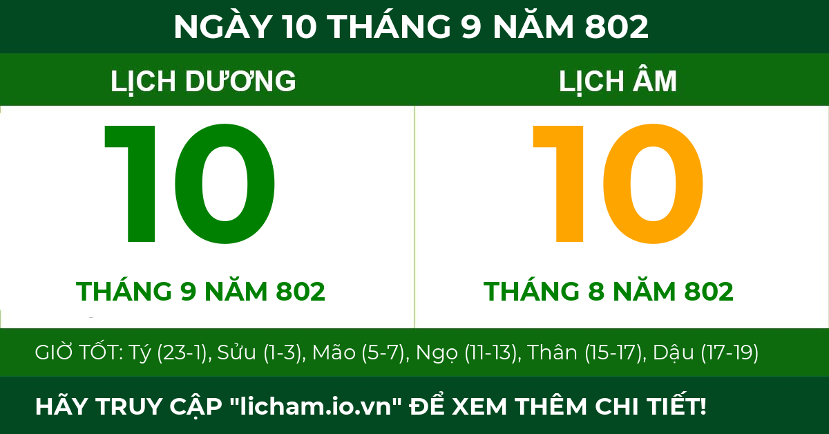 lịch âm ngày 10 tháng 9 năm 802