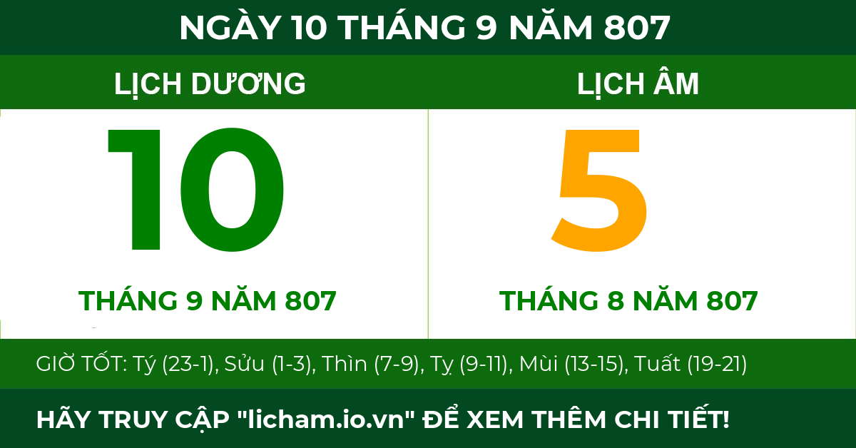 lịch âm ngày 10 tháng 9 năm 807