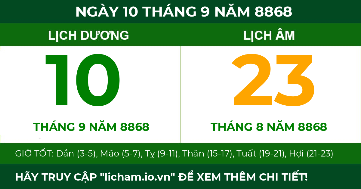 lịch âm ngày 10 tháng 9 năm 8868