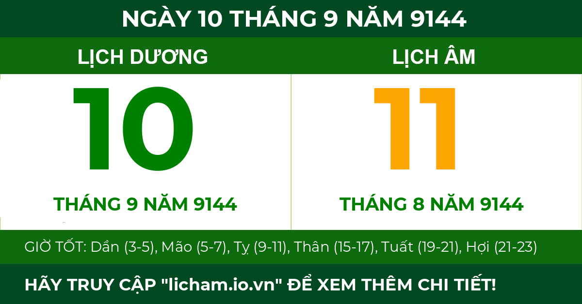 lịch âm ngày 10 tháng 9 năm 9144