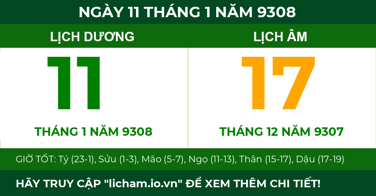 lịch âm ngày 11 tháng 1 năm 9308