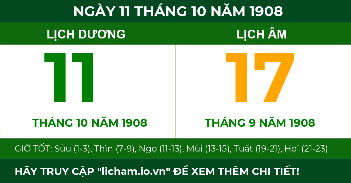 lịch âm ngày 11 tháng 10 năm 1908