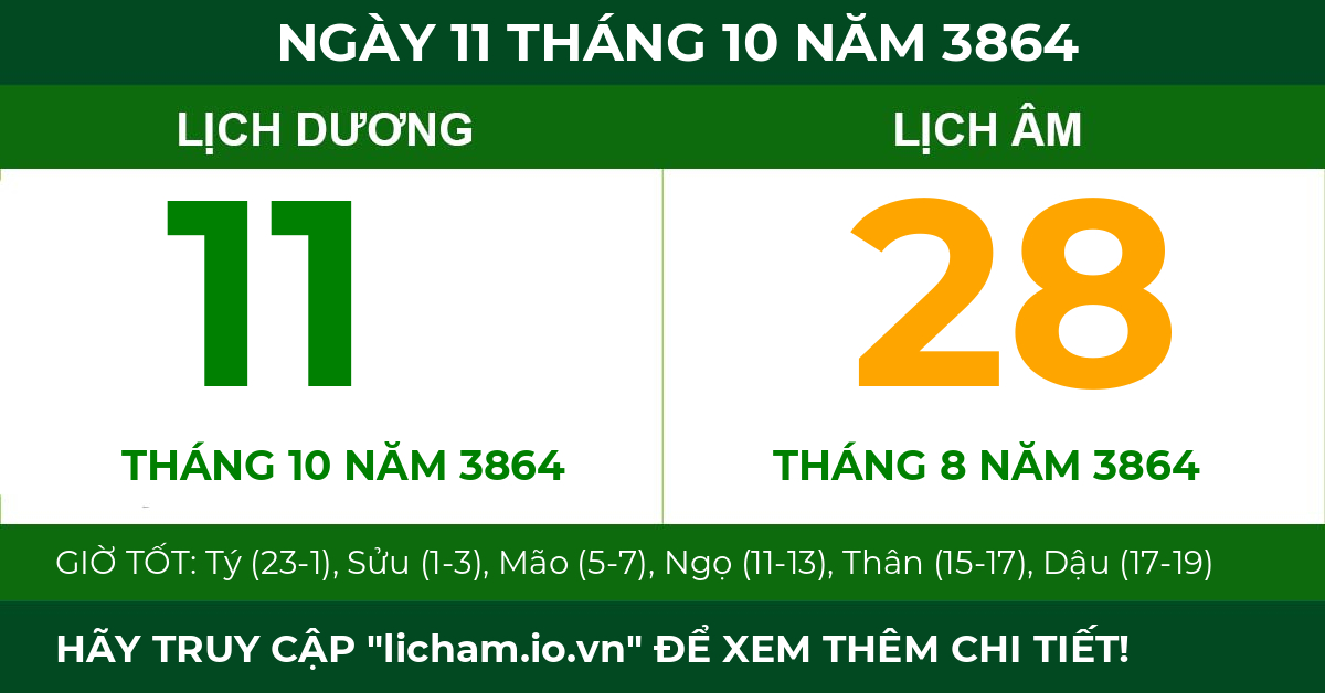 lịch âm ngày 11 tháng 10 năm 3864
