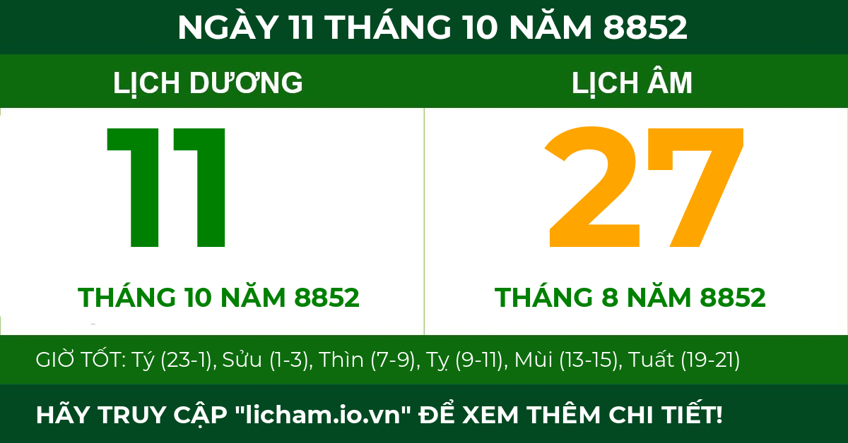lịch âm ngày 11 tháng 10 năm 8852