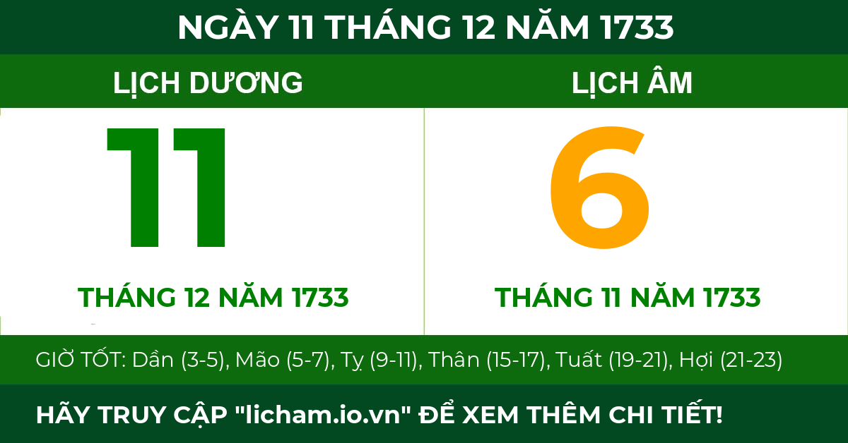 lịch âm ngày 11 tháng 12 năm 1733