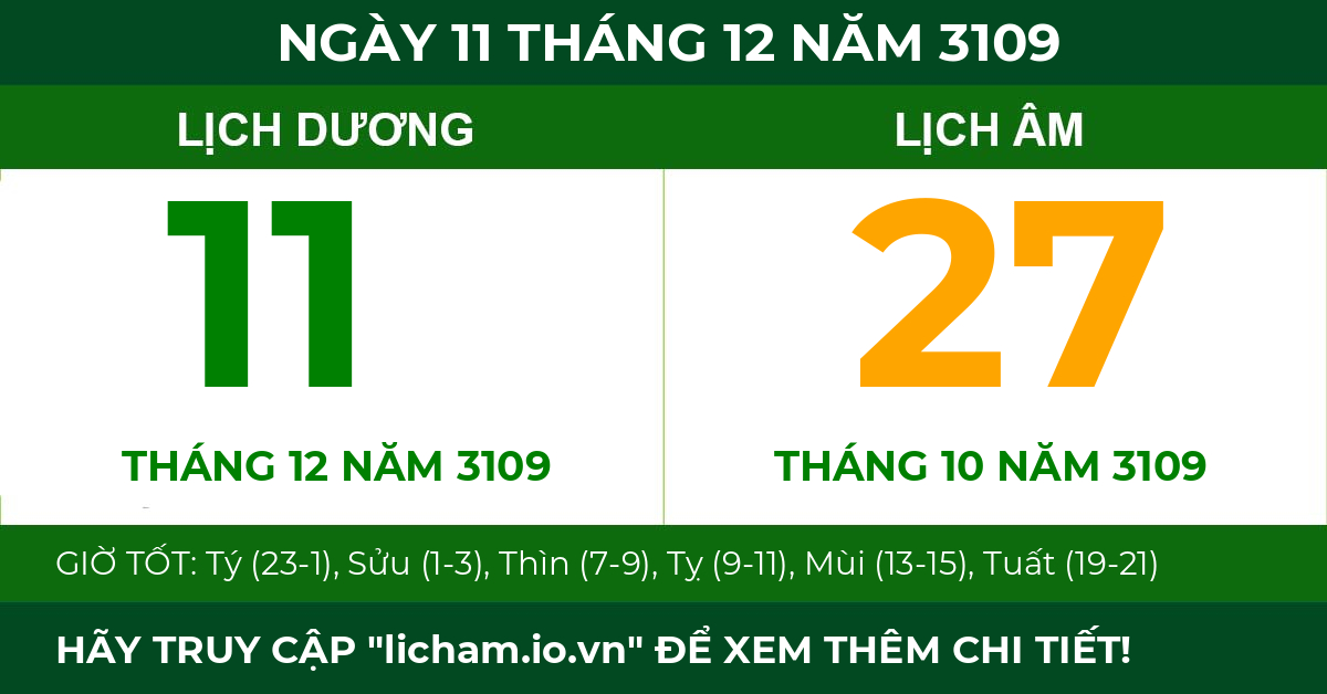 lịch âm ngày 11 tháng 12 năm 3109