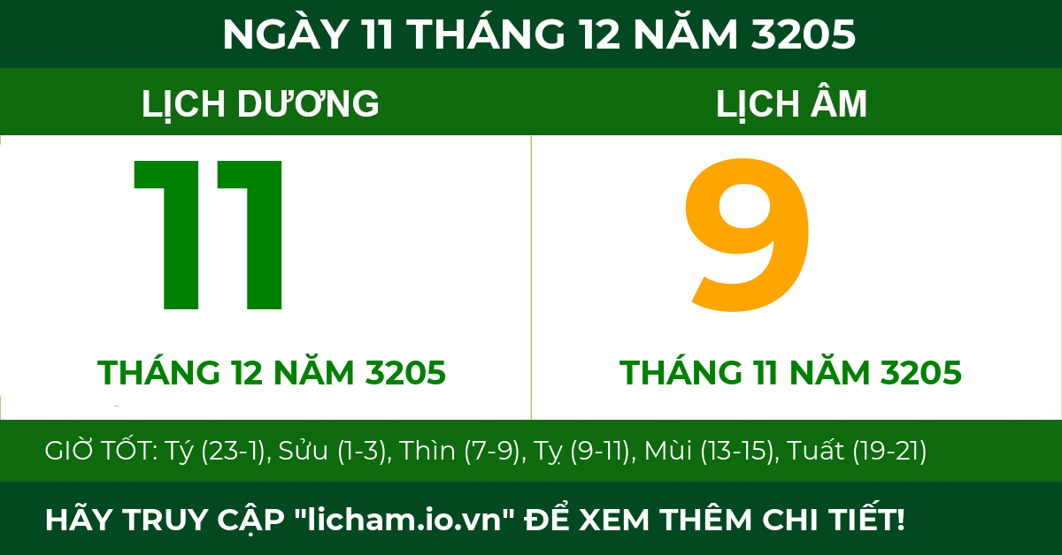 lịch âm ngày 11 tháng 12 năm 3205