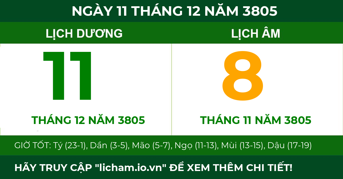 lịch âm ngày 11 tháng 12 năm 3805