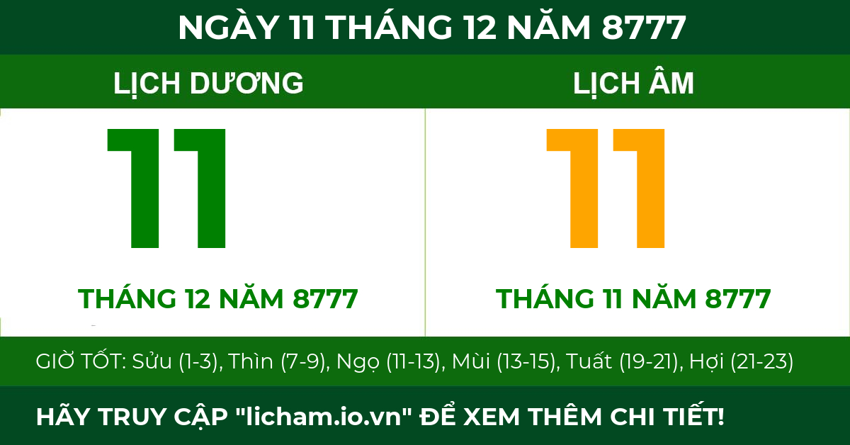 lịch âm ngày 11 tháng 12 năm 8777
