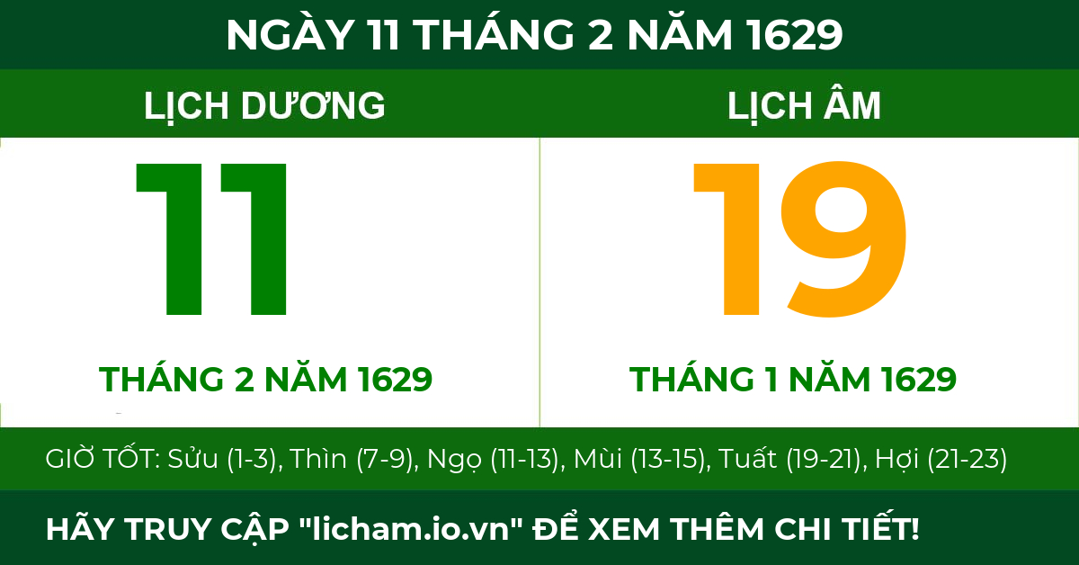 lịch âm ngày 11 tháng 2 năm 1629