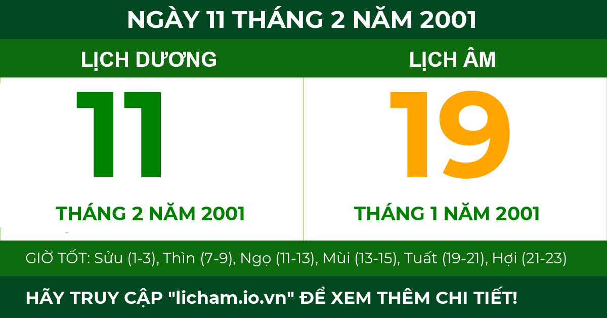 lịch âm ngày 11 tháng 2 năm 2001