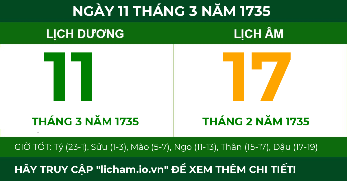 lịch âm ngày 11 tháng 3 năm 1735