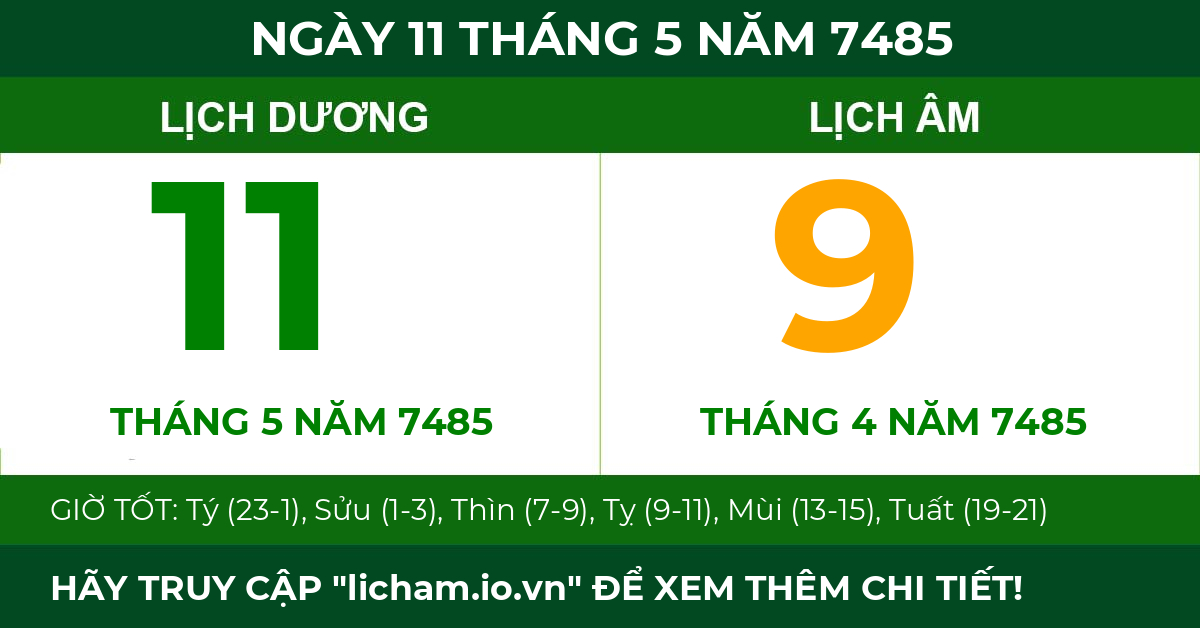 lịch âm ngày 11 tháng 5 năm 7485