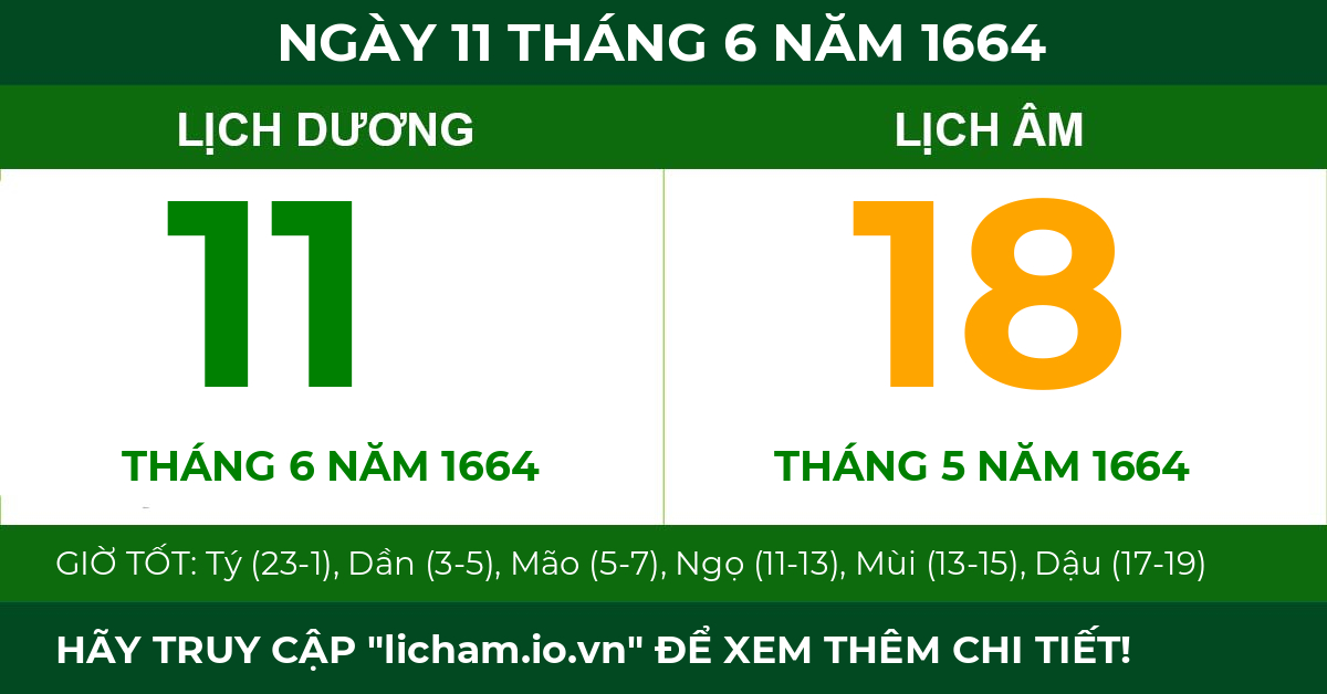 lịch âm ngày 11 tháng 6 năm 1664