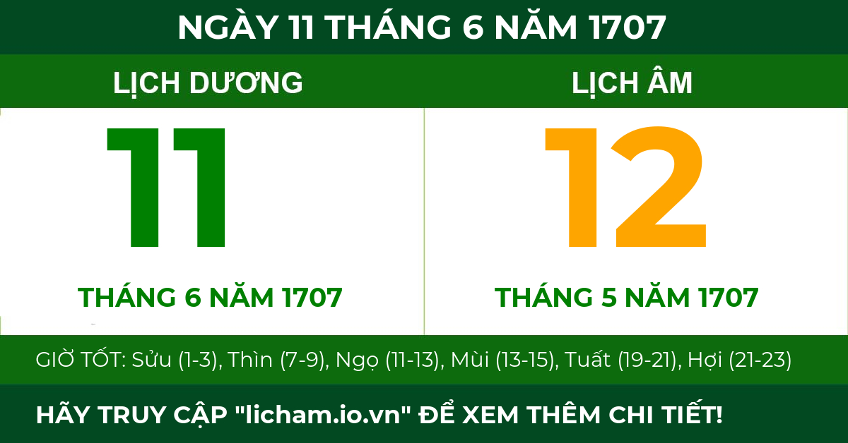 lịch âm ngày 11 tháng 6 năm 1707