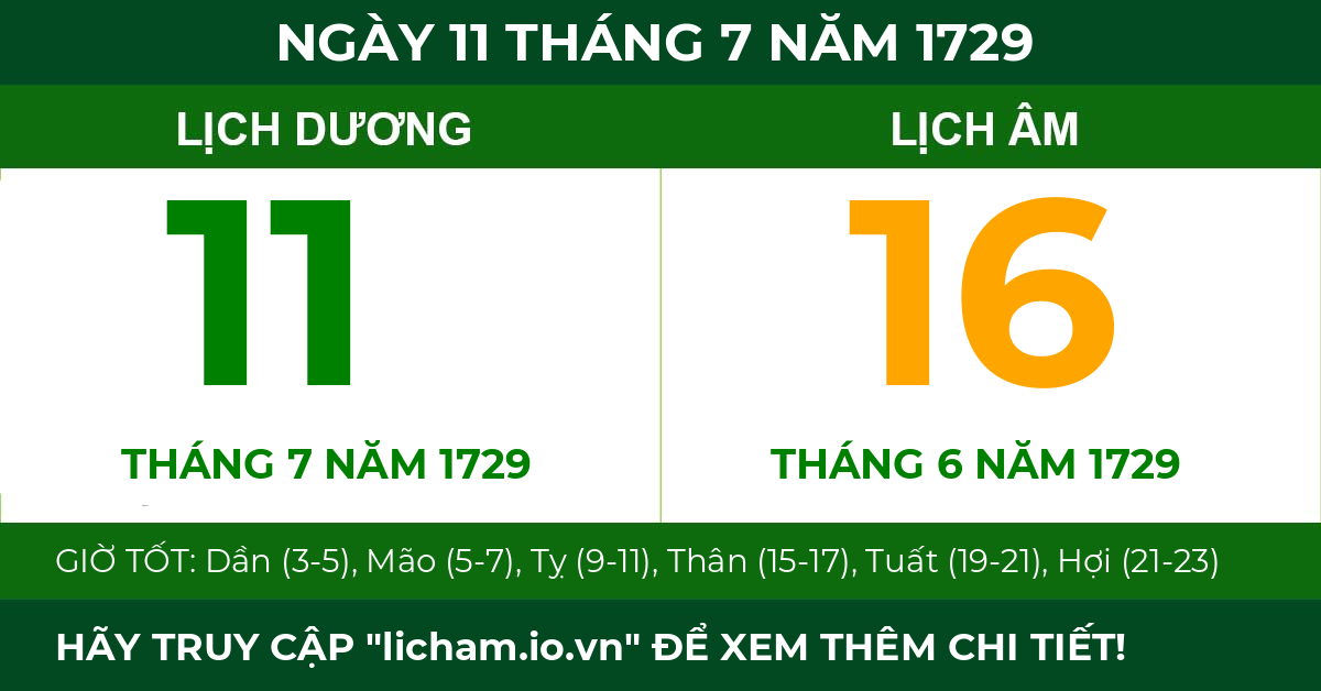 lịch âm ngày 11 tháng 7 năm 1729
