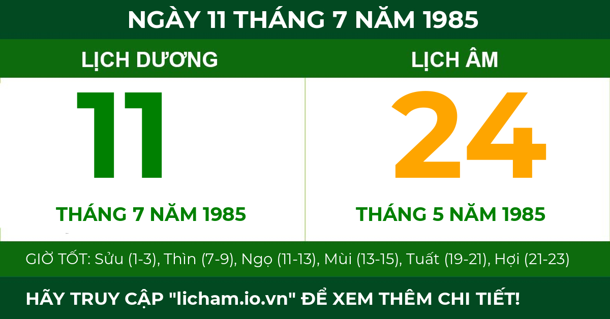 lịch âm ngày 11 tháng 7 năm 1985