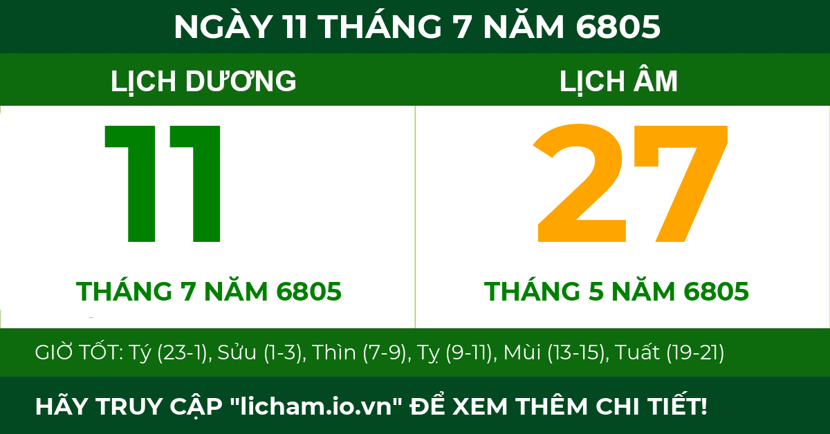 lịch âm ngày 11 tháng 7 năm 6805