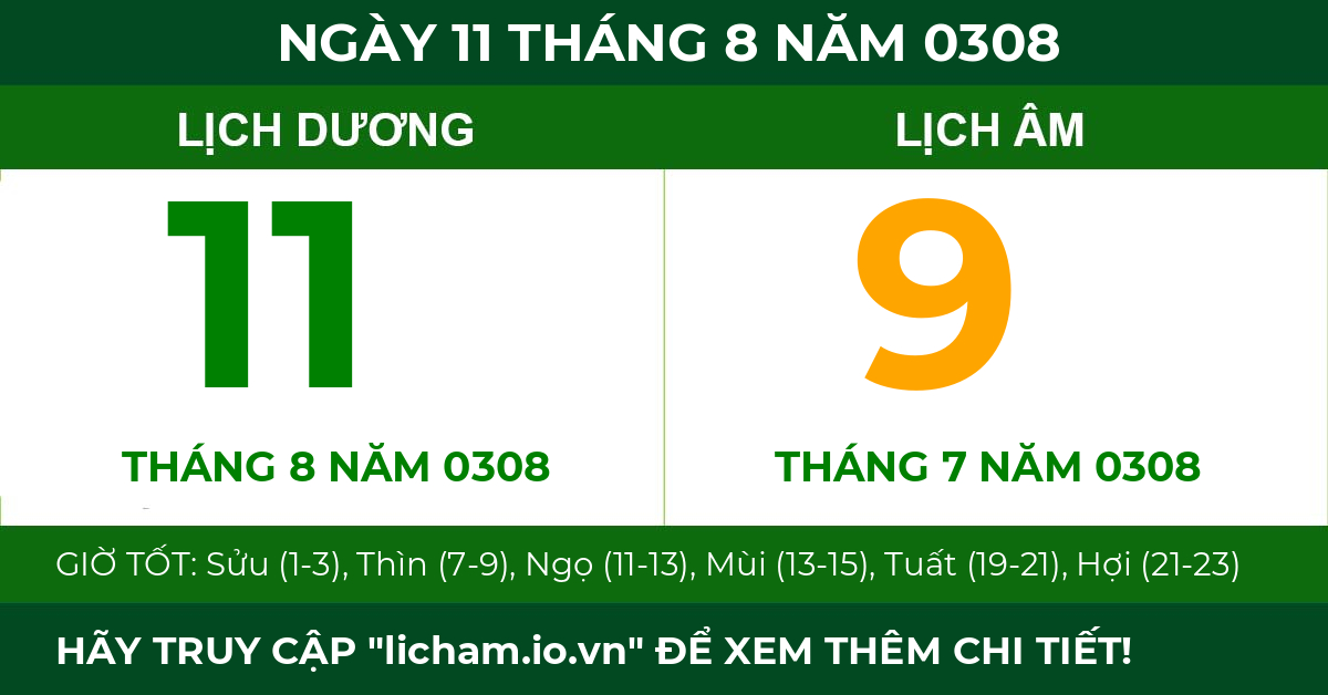 lịch âm ngày 11 tháng 8 năm 0308