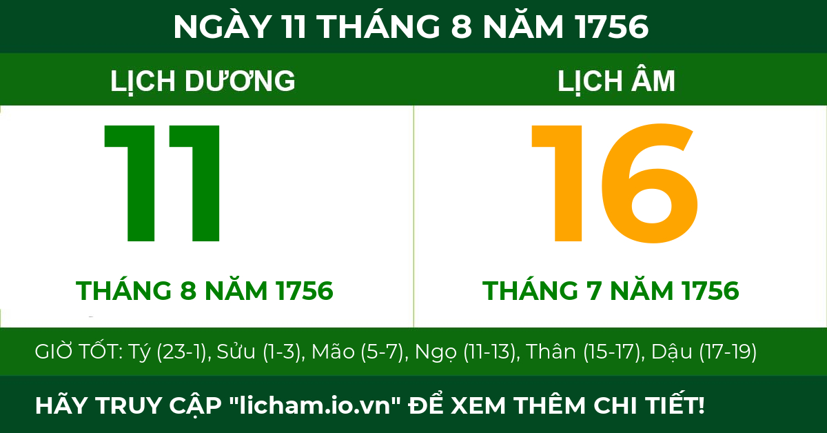lịch âm ngày 11 tháng 8 năm 1756