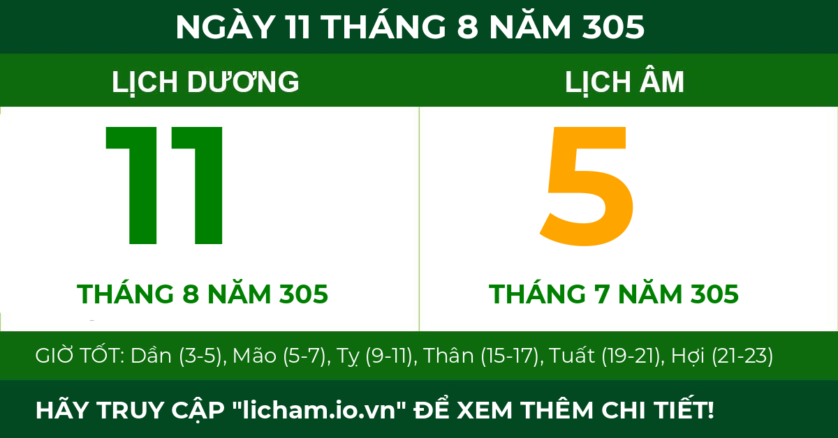 lịch âm ngày 11 tháng 8 năm 305