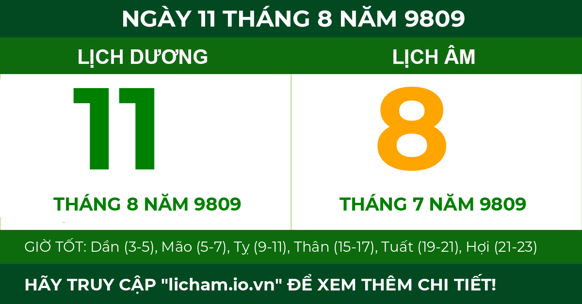 lịch âm ngày 11 tháng 8 năm 9809