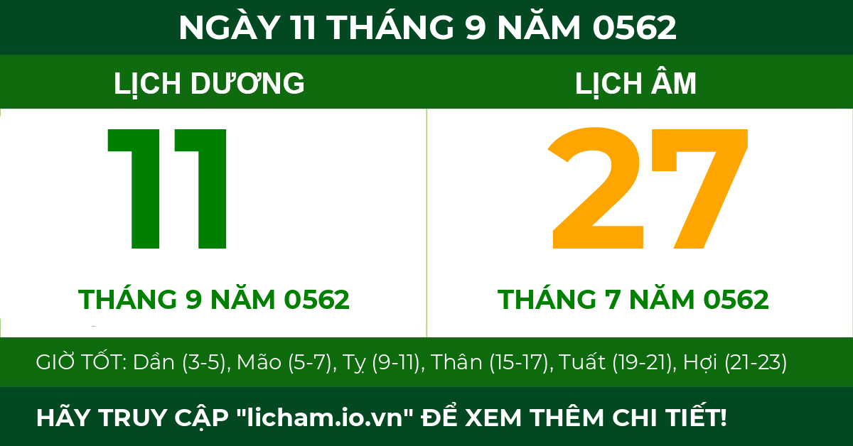 lịch âm ngày 11 tháng 9 năm 0562