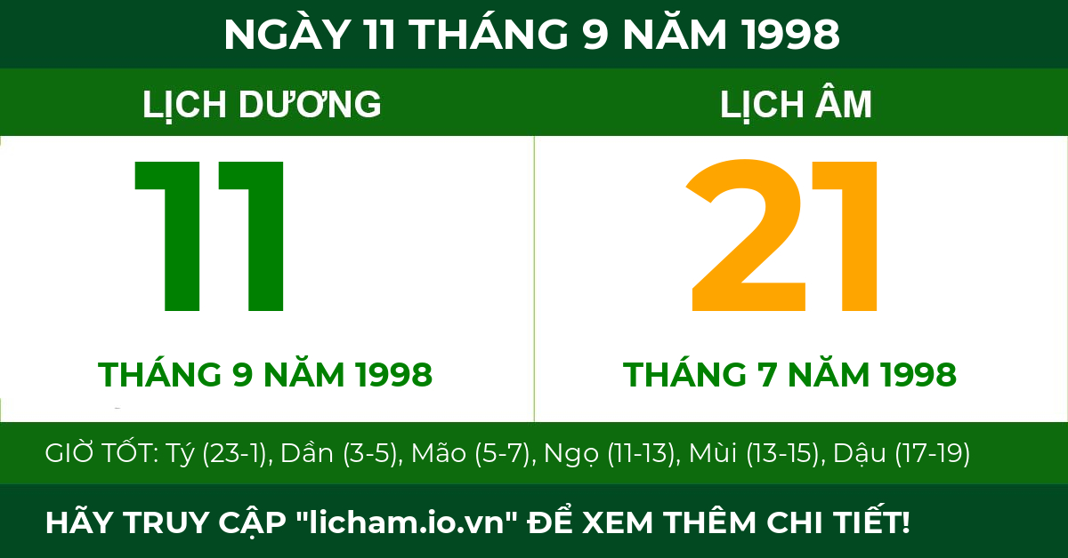 lịch âm ngày 11 tháng 9 năm 1998