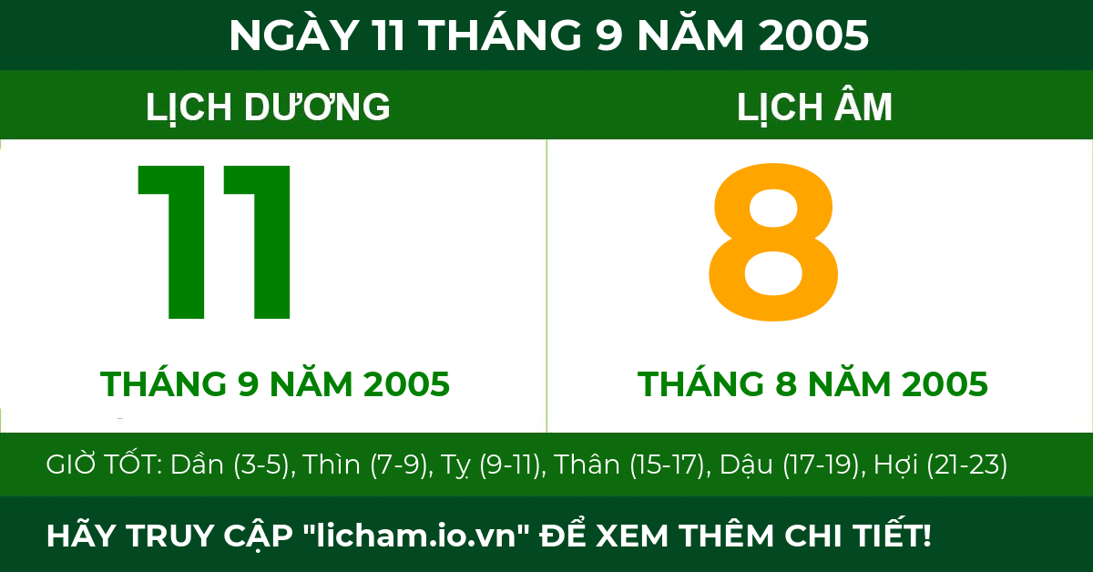 lịch âm ngày 11 tháng 9 năm 2005