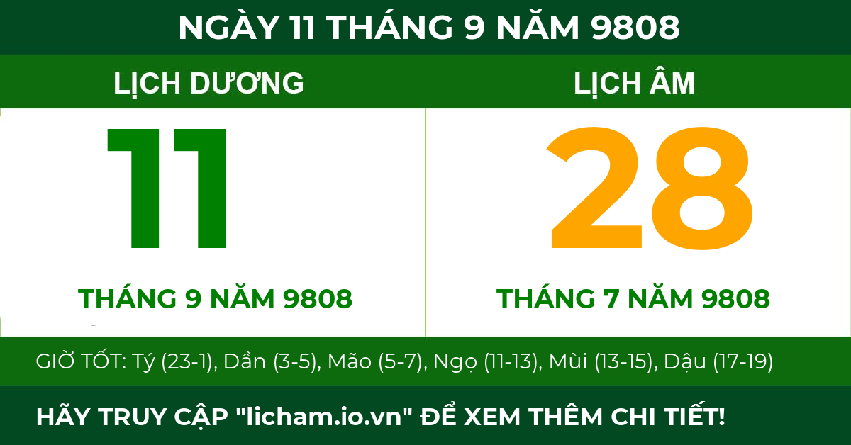 lịch âm ngày 11 tháng 9 năm 9808