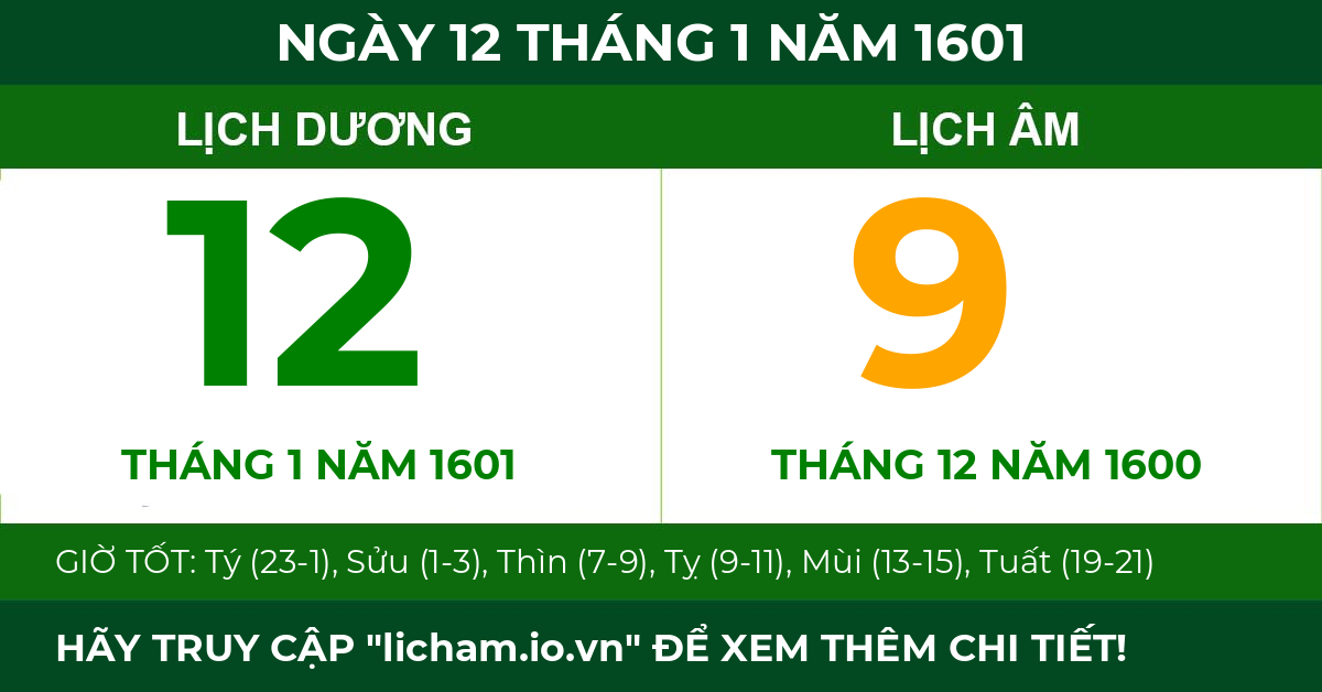 lịch âm ngày 12 tháng 1 năm 1601