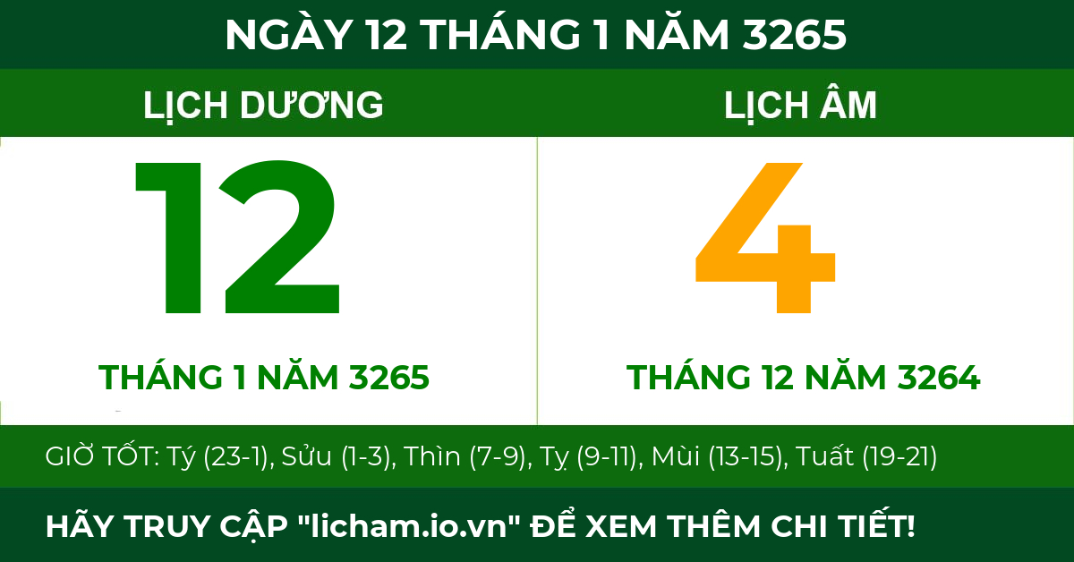 lịch âm ngày 12 tháng 1 năm 3265