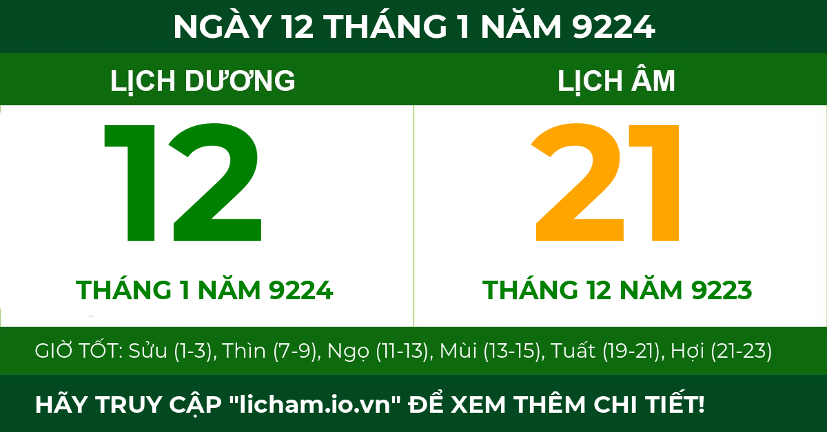 lịch âm ngày 12 tháng 1 năm 9224