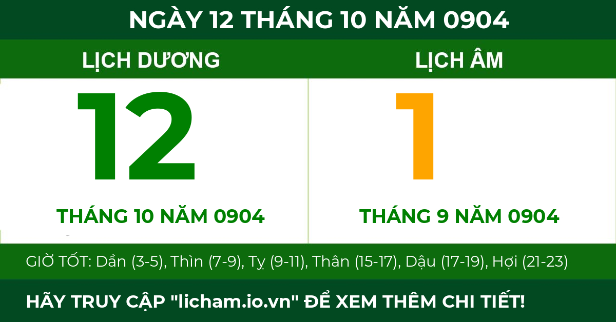 lịch âm ngày 12 tháng 10 năm 0904