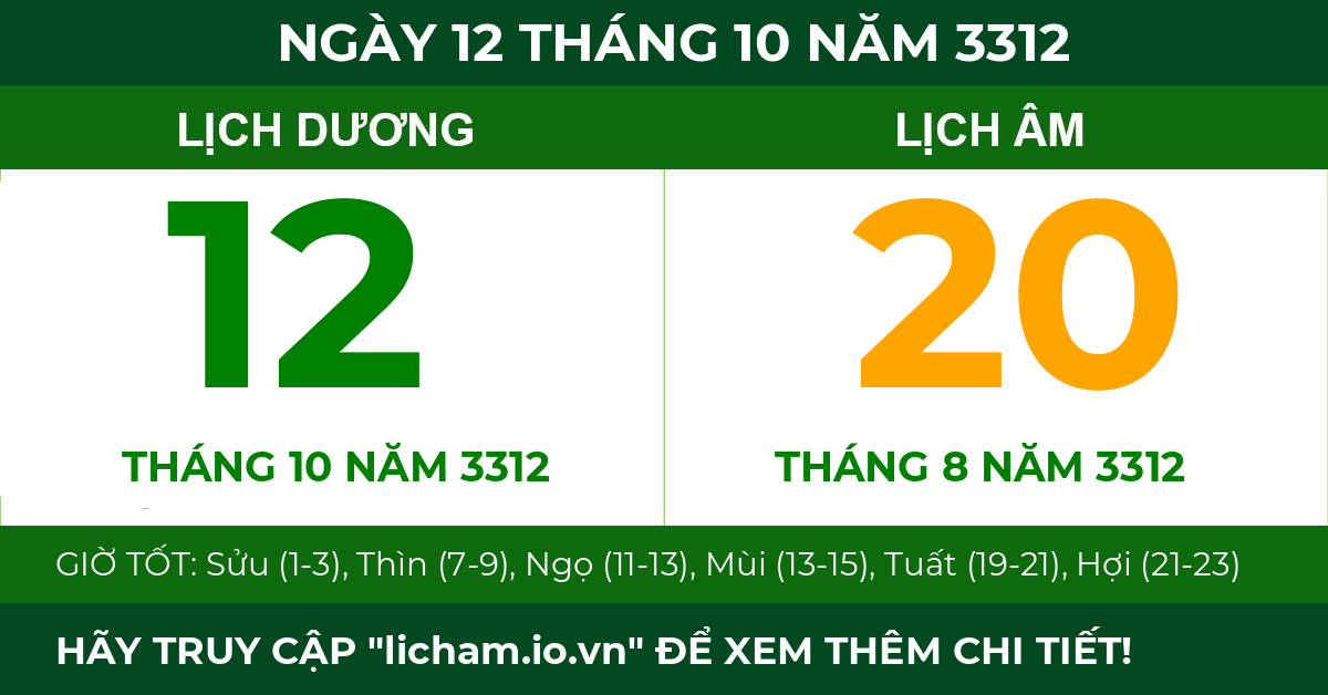 lịch âm ngày 12 tháng 10 năm 3312