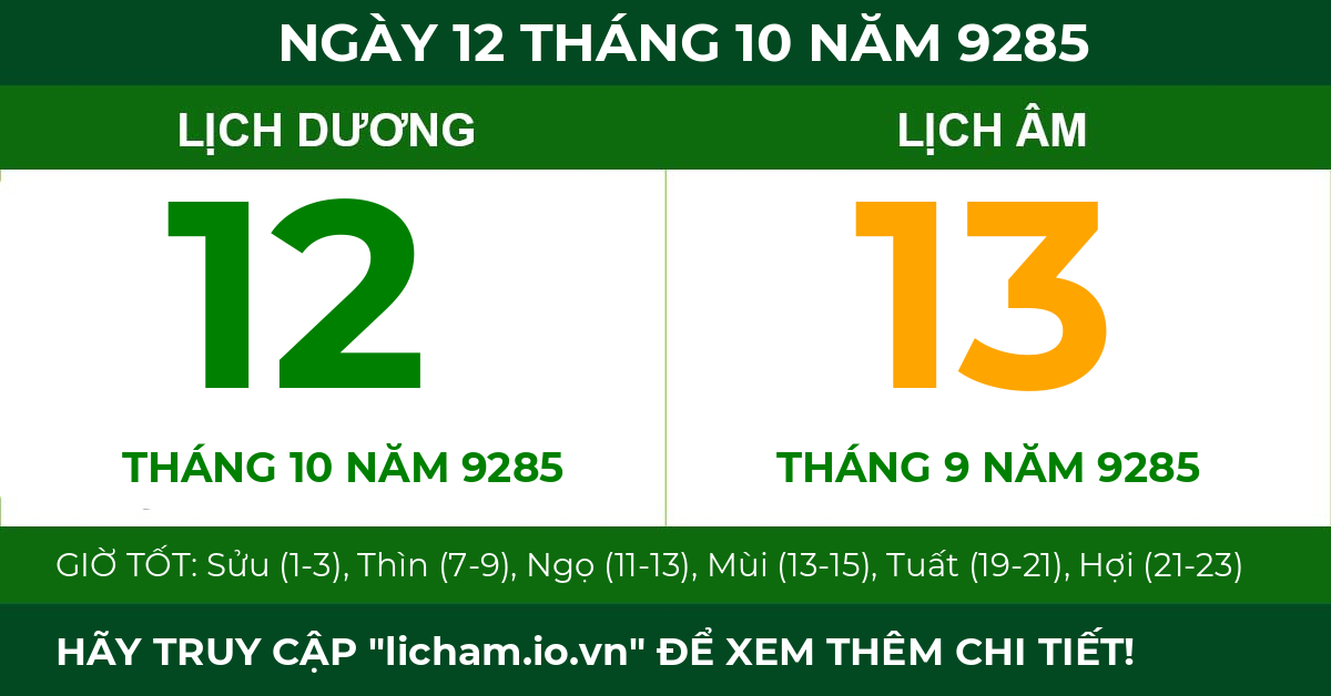 lịch âm ngày 12 tháng 10 năm 9285