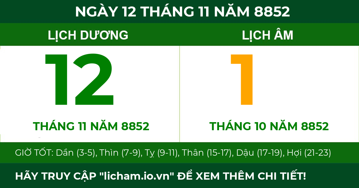 lịch âm ngày 12 tháng 11 năm 8852