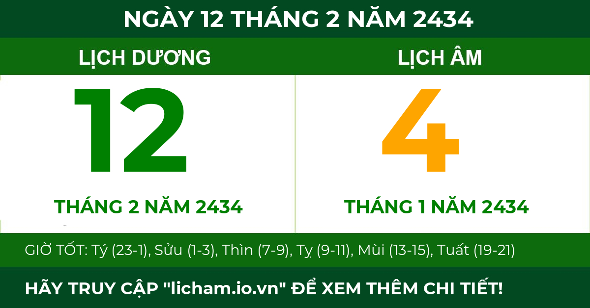 lịch âm ngày 12 tháng 2 năm 2434