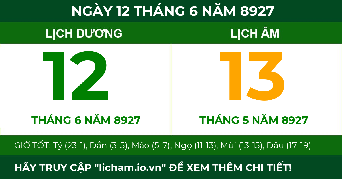 lịch âm ngày 12 tháng 6 năm 8927