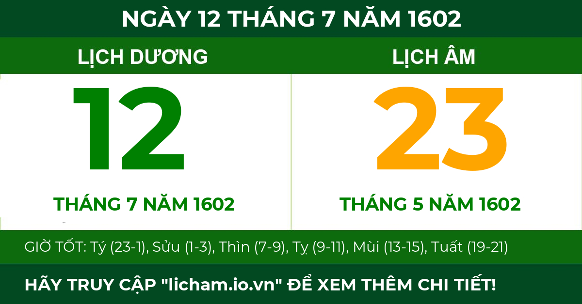 lịch âm ngày 12 tháng 7 năm 1602