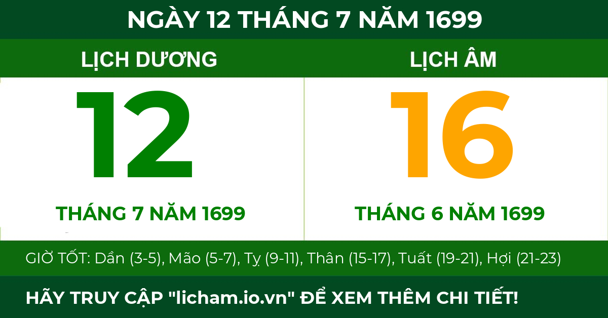 lịch âm ngày 12 tháng 7 năm 1699