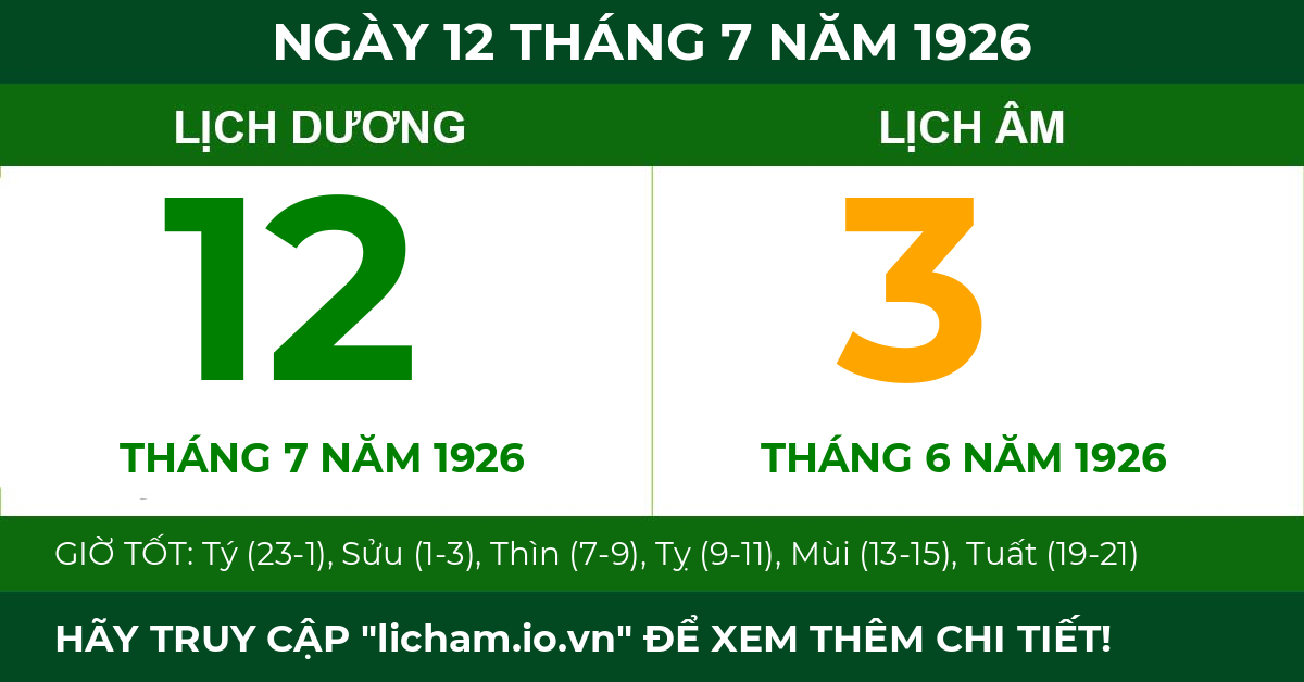 lịch âm ngày 12 tháng 7 năm 1926