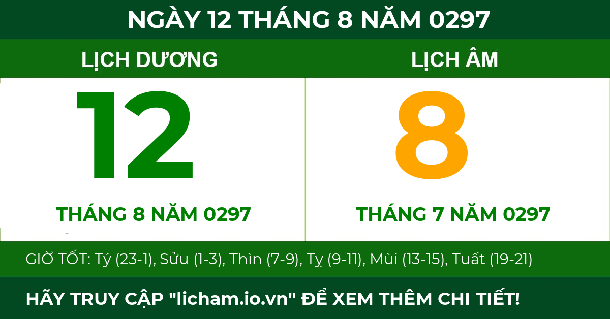 lịch âm ngày 12 tháng 8 năm 0297