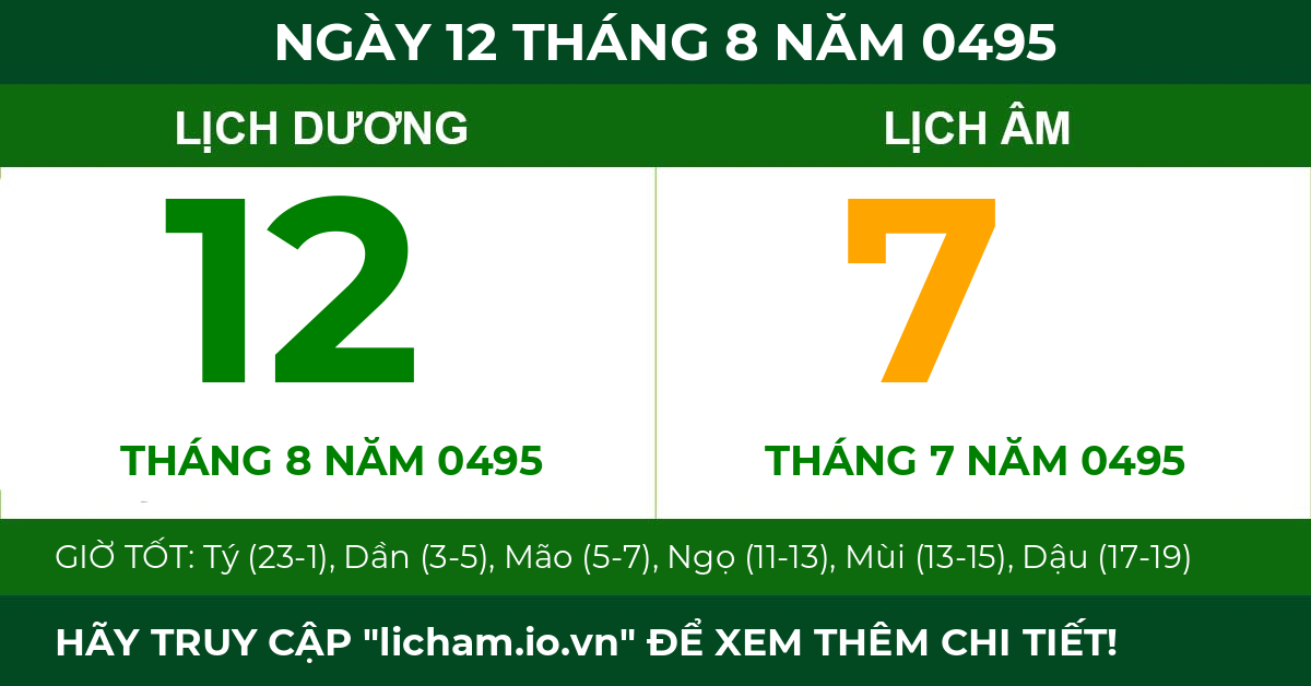 lịch âm ngày 12 tháng 8 năm 0495
