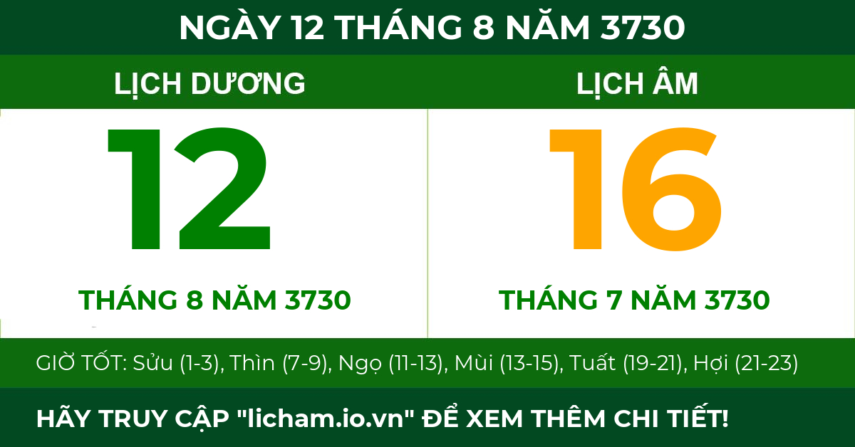 lịch âm ngày 12 tháng 8 năm 3730