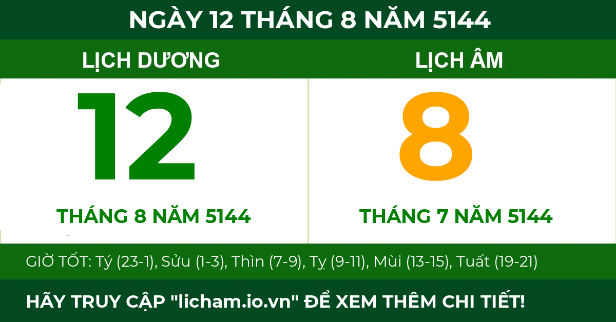 lịch âm ngày 12 tháng 8 năm 5144