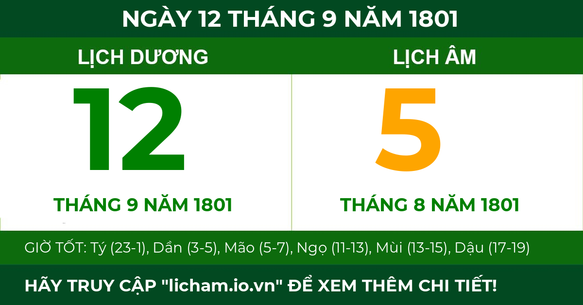 lịch âm ngày 12 tháng 9 năm 1801