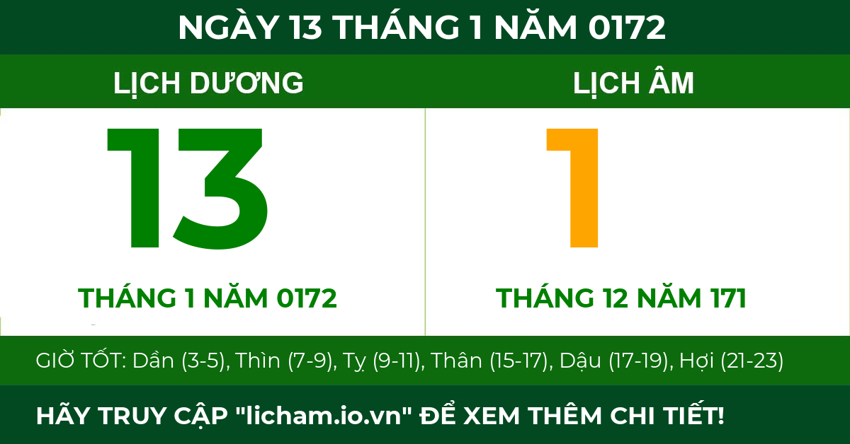 lịch âm ngày 13 tháng 1 năm 0172