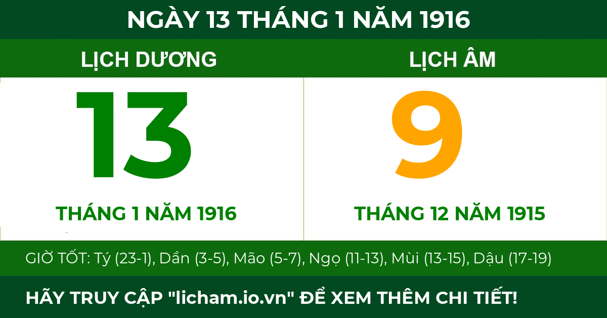 lịch âm ngày 13 tháng 1 năm 1916